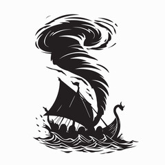 Viking Ship Trapped in Storm and Tornado Silhouette Vector on white background