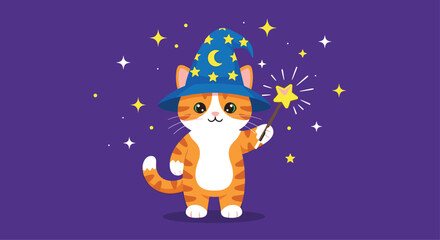 Adorable orange tabby cat conjuring magic with a star wand wearing a whimsical wizard hat perfect for children's books, playful designs, and educational materials
