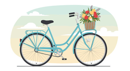Charming blue bicycle with vibrant floral basket for whimsical designs or sustainable lifestyle content, adding a touch of joy and eco friendly transport