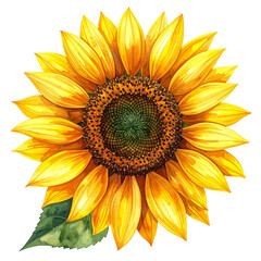 Fototapeta premium Watercolor sunflower with vivid yellow petals and detailed brown center, top down angle, isolated on transparency background, bright and cheerful floral illustration