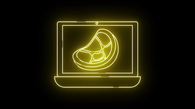 A glowing yellow neon laptop displays a stylized steak icon against a black background