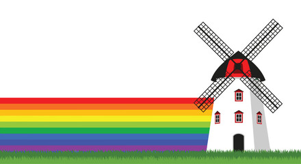 Vibrant windmill stands proudly against a rainbow striped background, symbolizing diversity, inclusion, and progress in a pastoral setting