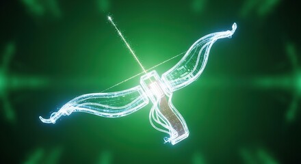 Luminous Wireframe Bow and Sparkling Arrow on Emerald Green Background, Futuristic Digital Art