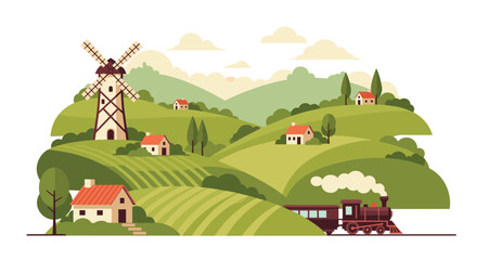 Charming countryside vista unfolds with a vintage train chugging past quaint cottages and a historic windmill under a soft, cloudy sky