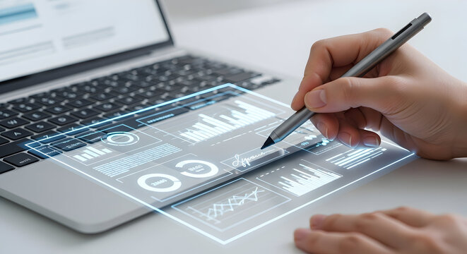 Analyzing data with futuristic holographic interface and stylus on desk