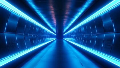 Fototapeta premium Futuristic blue neon tunnel with metallic walls
