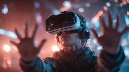 Photography of a person wearing VR glasses is holding their hands up. The atmosphere of futuristic technology exudes an air of confidence.