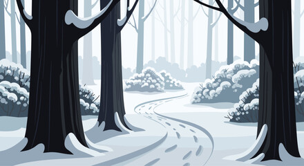 A serene winter wonderland with a winding snowy path through a quiet forest, inviting exploration and peaceful moments