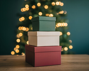 Green gift box cream gift box red gift box stacked boxes holiday decor teal bokeh warm lights cozy mood festive season wooden table. Stacked gift boxes with teal bokeh and warm lights create cozy