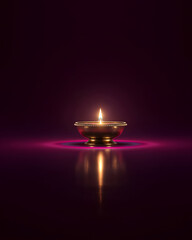 Minimal brass diya warm flame edge glow dark background reflective surface soft light festive ambiance sacred lamp metal bowl serene mood