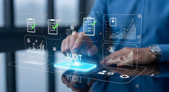 Professional businessman interacts with glowing audit interface for business analysis