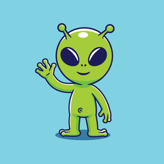 Friendly Cartoon Alien Waving Hello on a Blue Background