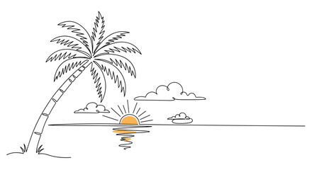 Obraz premium A serene tropical sunset with a palm tree silhouette and reflections on the water.