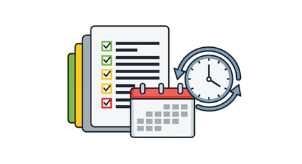 Organize your projects and tasks efficiently with this checklist, calendar, and clock graphic symbolizing effective time management and productivity
