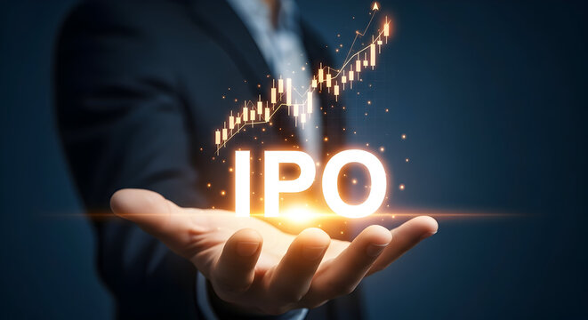 Businessman presents IPO success with glowing stock chart and bright future
