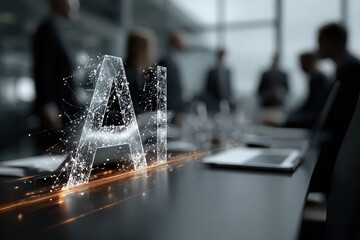 Business people in a meeting room background shows a large letter artificial intelligence hologram and various large icons of networks representing artificial intelligence smart company.