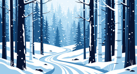 Serene winter forest path dusted with fresh snow, inviting a peaceful journey through a tranquil, stylized blue landscape under falling flakes