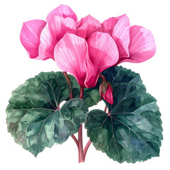 Pink cyclamen flower with twisting petals and dark green leaves, watercolor painting showing delicate texture and vibrant colors in natural botanical style