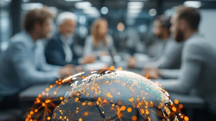 a group of business people in an office meeting room, with a digital globe and network connections to the world floating above them, with a meeting room background.