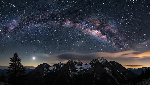 Majestic Milky Way Galaxy Arches Over Snow-Capped Mountains Under a Starry Night Sky.