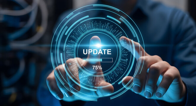 Modern technology user initiates software update on futuristic digital interface