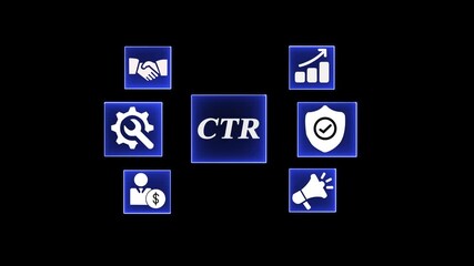 CTR concept with icons for security, handshake, growth, lock, money bag and megaphone on black background