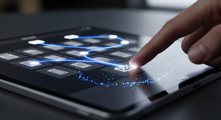 Fototapeta premium Finger touching tablet screen with glowing digital email icon and data flow