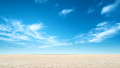 Vast expanse of pale sand under a vibrant blue sky with wispy clouds