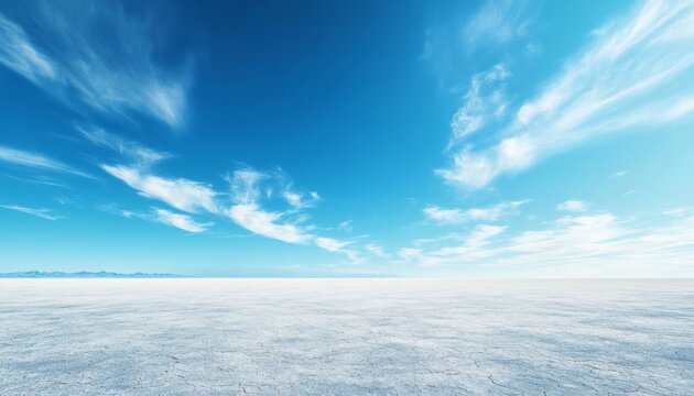 Vast salt flat landscape under a brilliant blue sky with wispy clouds