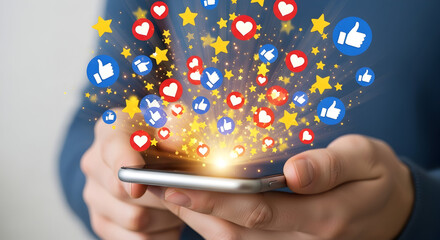 Hands holding smartphone with social media likes, hearts, and stars exploding outwards
