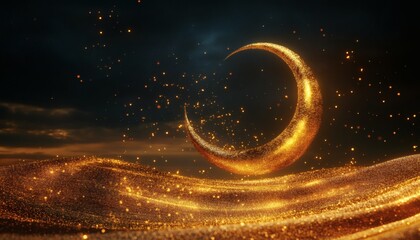 Fototapeta premium Golden crescent moon shining over a glittering landscape