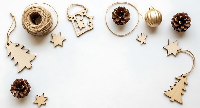 Rustic Christmas decorations including pine cones, wooden ornaments, and twine arranged on a white background.