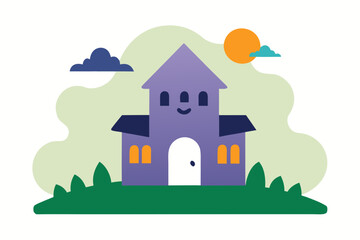 Cute Watercolor Ghost House Halloween Scene