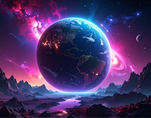 Cosmic vista of Earth, nebula, and distant planet over alien mountains