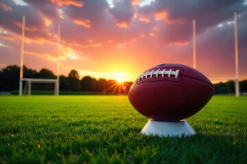 Golden Hour American Football Kick Dramatic Lighting on Field An American football resting on a kicking tee on a perfectly manicured green football field. The scene is bathed in the warm, dramatic