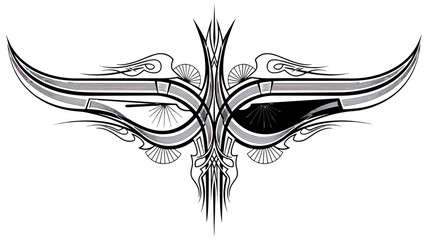 Abstract symmetrical design element in white and gray on black background