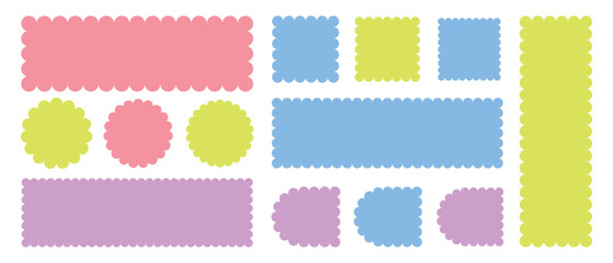 Geometric shapes with scallop and zigzag edges set. Zig zag edge circle, square, rectangle, round shape collection.  Wiggle Line Design Sign Background.