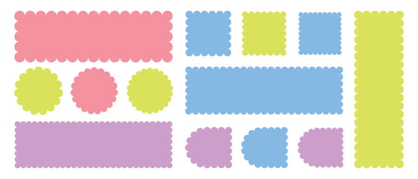 Geometric shapes with scallop and zigzag edges set. Zig zag edge circle, square, rectangle, round shape collection.  Wiggle Line Design Sign Background.