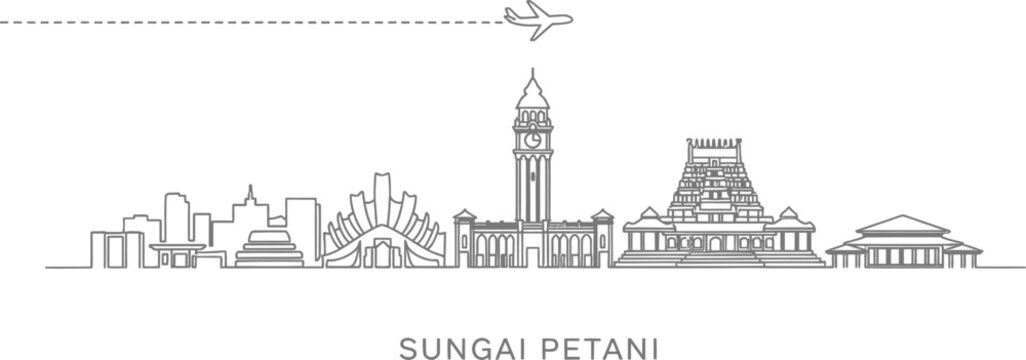 Sungai Petani Skyline with Airplane and Dashed Line