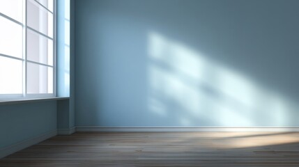 Obraz premium A minimalist room corner features a tall window with white muntins casting geometric shadows on pastel blue walls,