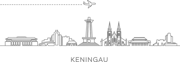 Naklejka premium Keningau City Skyline with Airplane Flying Overhead