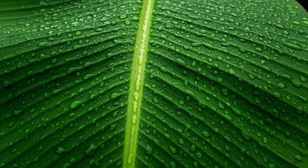 water droplets on green banana leaves