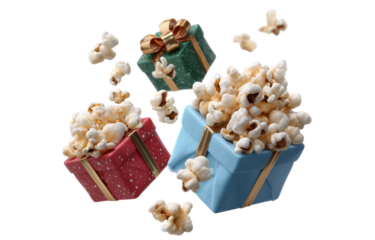 Delightful glossy popcorn pieces overflowing from colorful gift boxes, creating festive and joyful atmosphere perfect for celebrations and gatherings
