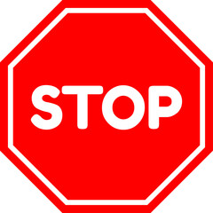 A bright red stop sign with white lettering and a white border features a bold white STOP text centered on a simple octagon shape indicating prohibition and warning