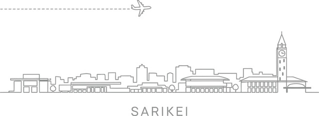 Minimalist Airplane Flying Over SARIKEL City Skyline Outline