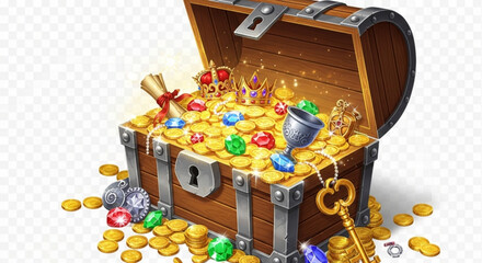 Treasure chest filled with gold coins, gems, crowns, and other valuable items, representing wealth, adventure, and discovery