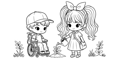 Chibi Kids Watering Plants Coloring Page Inclusive Wheelchair