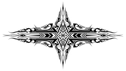 Abstract symmetrical design with geometric and ornamental elements on black background