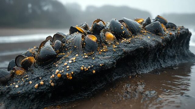Wild mussels and barnacles clinging to a dark rock on a misty beach.