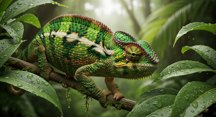 chameleon on a branch with a green and cool forest feel